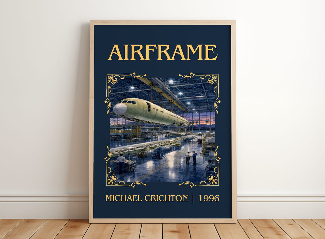Airframe Classic Book Art Print by Michael Crichton – framed print leaning on a wooden floor