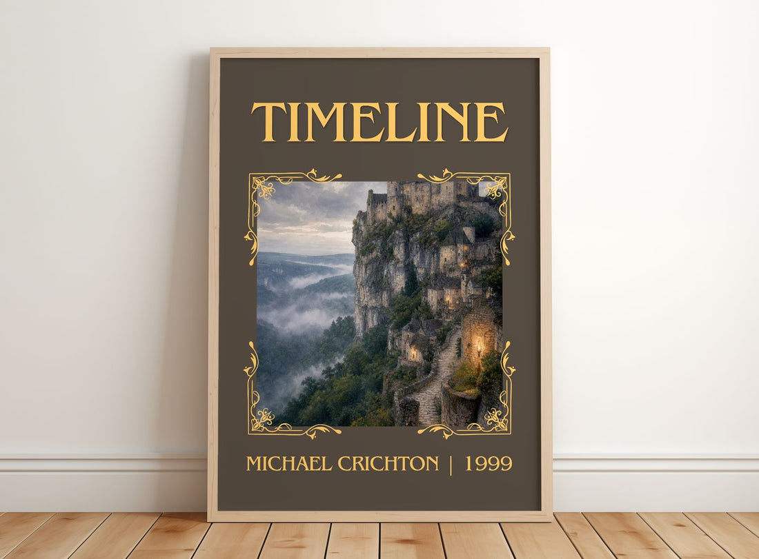 Timeline Classic Book Art Print by Michael Crichton – framed print leaning on a wooden floor