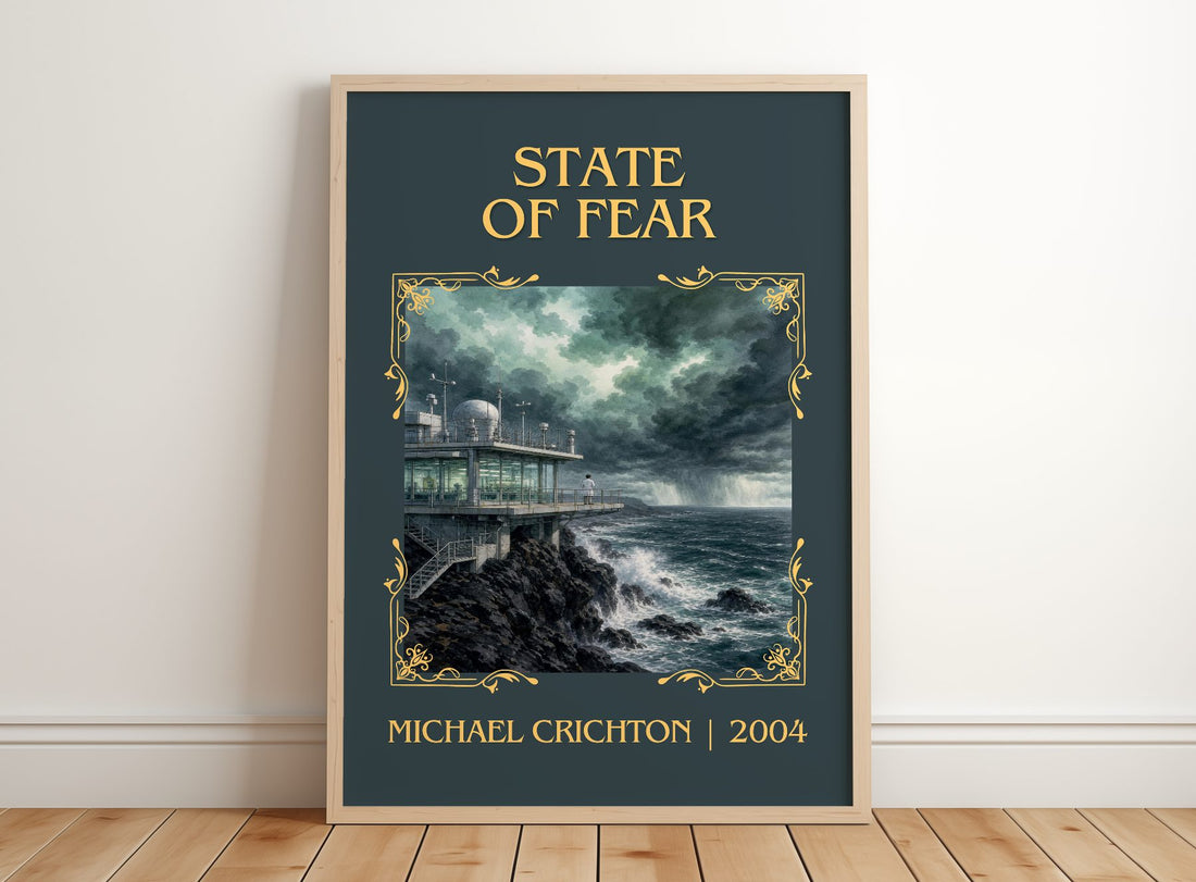 State Of Fear Classic Book Art Print by Michael Crichton – framed print leaning on a wooden floor