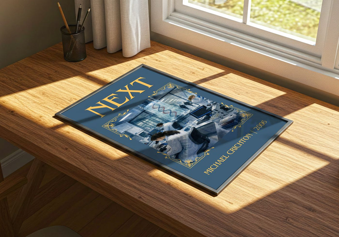 Next Classic Book Art Print by Michael Crichton – print on a sunlit desk