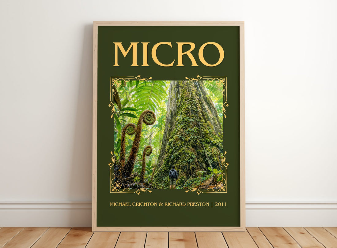 Micro Classic Book Art Print by Michael Crichton & Richard Preston – framed print leaning on a wooden floor