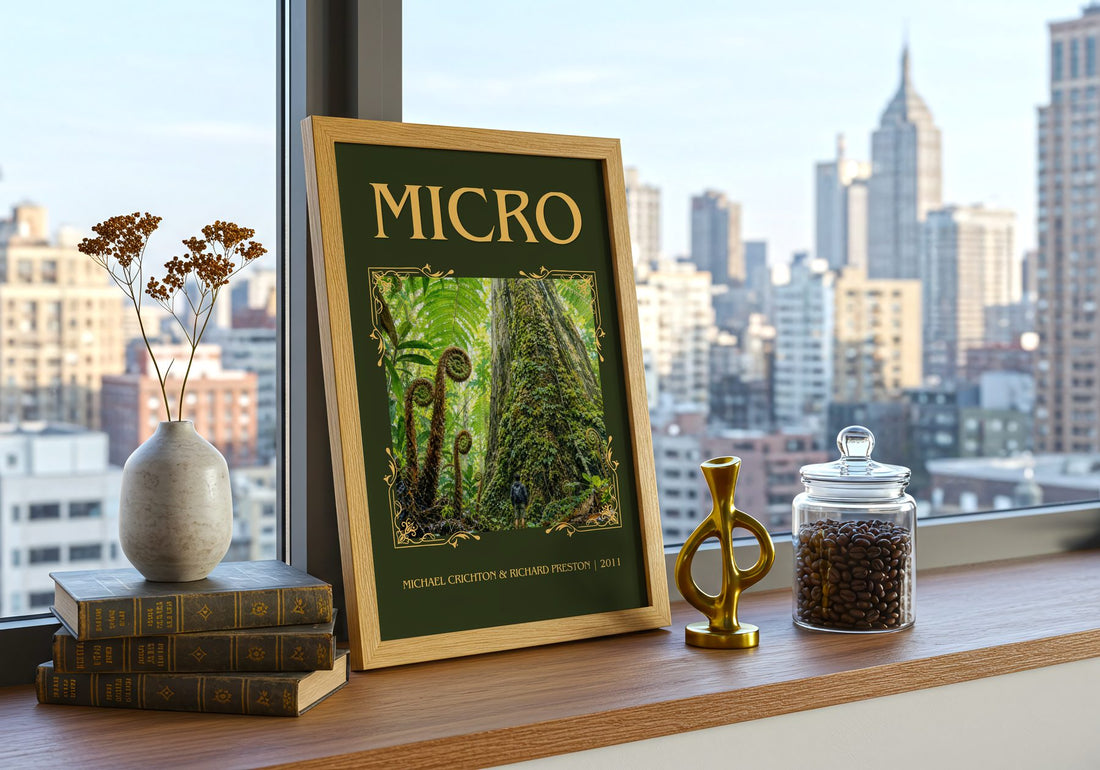 Micro Classic Book Art Print by Michael Crichton & Richard Preston – framed print on a city-view windowsill