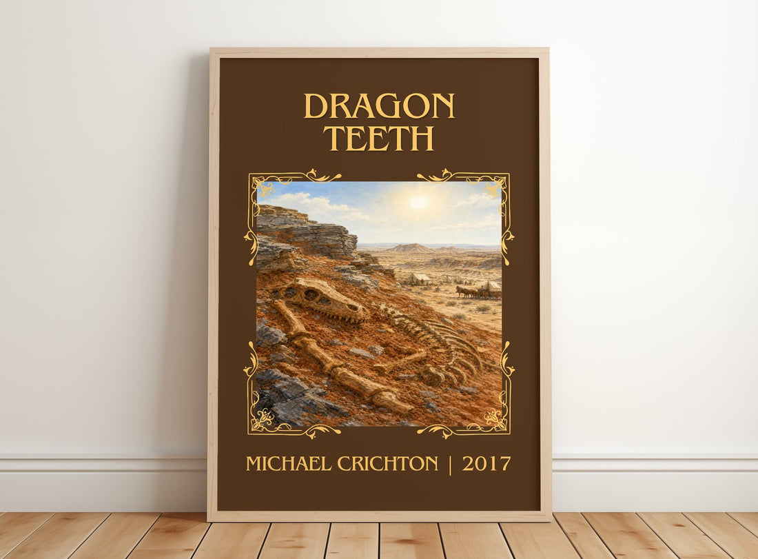 Dragon Teeth Classic Book Art Print by Michael Crichton – framed print leaning on a wooden floor