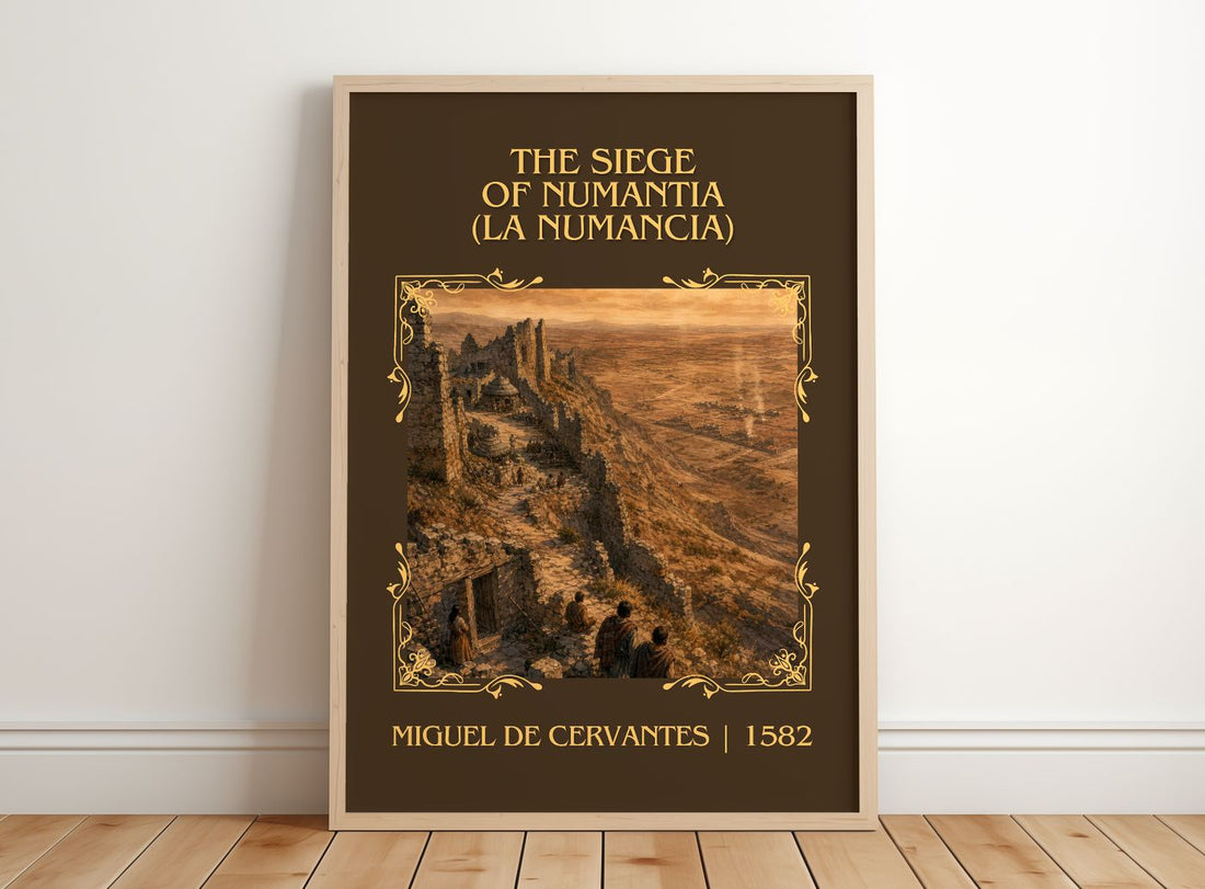 Siege Of Numantia (La Numancia) Classic Book Art Print by M. Cervantes – framed print leaning on a wooden floor