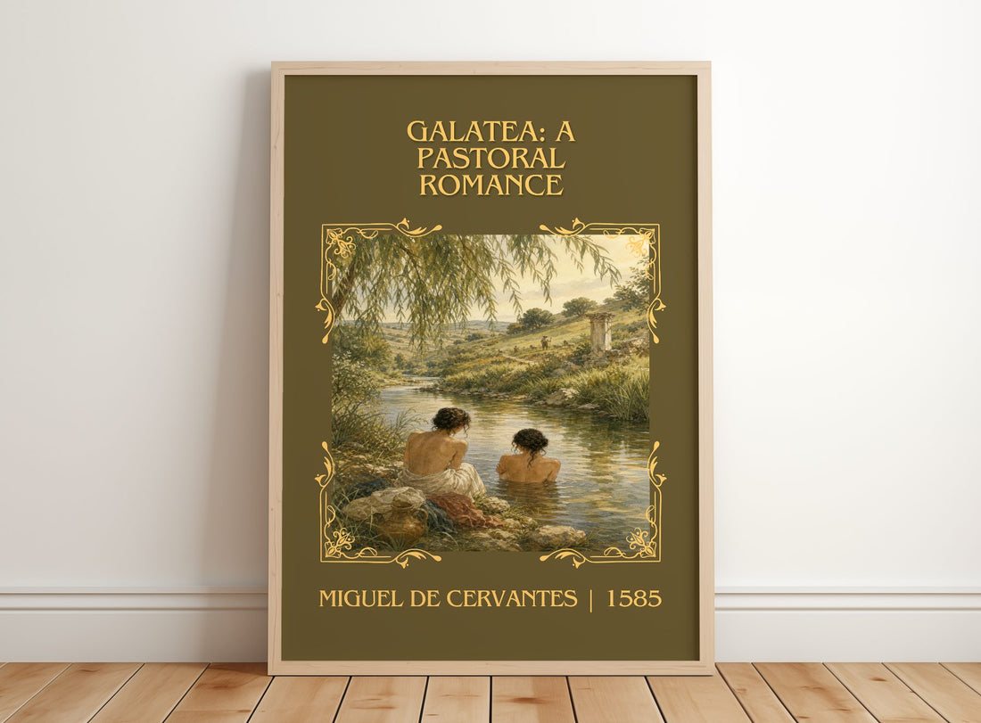 Galatea: A Pastoral Romance Classic Book Art Print by M. Cervantes – framed print leaning on a wooden floor
