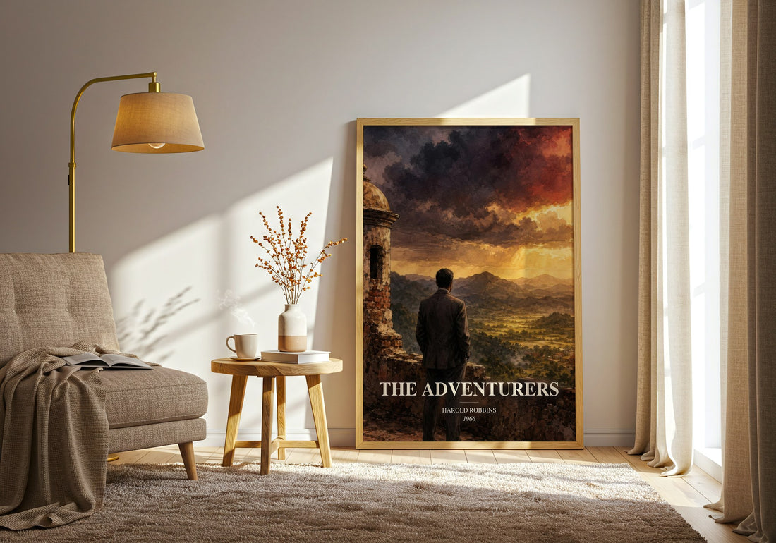 The Adventurers watercolour print in frame leaning in hallway – adventure wall art (mockup)
