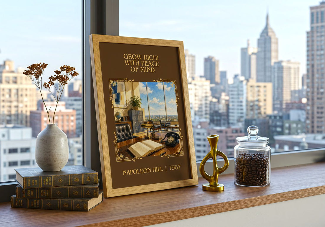 Grow Rich! With Peace Of Mind Classic Book Art Print by Napoleon Hill – framed print on a city-view windowsill