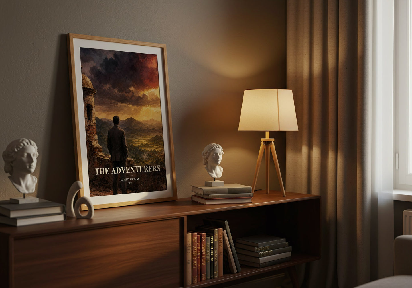 The Adventurers watercolour print on bookshelf – Harold Robbins fan gift