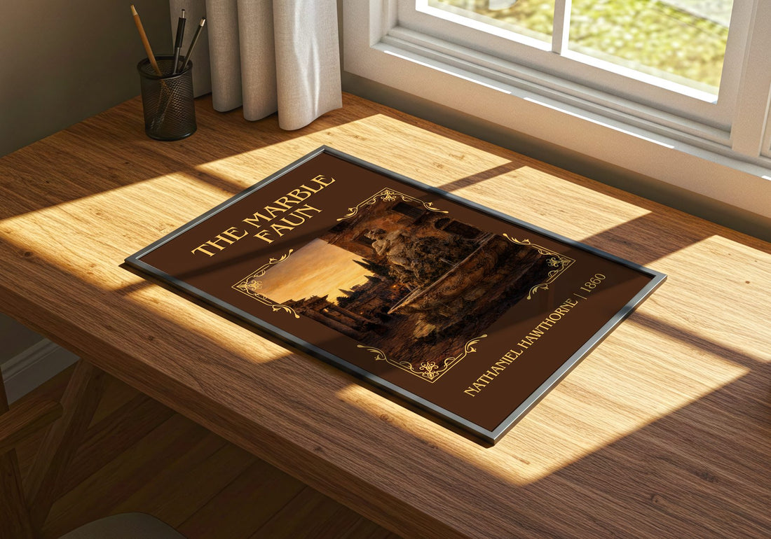 The Marble Faun Classic Book Art Print by Nathaniel Hawthorne – print on a sunlit desk