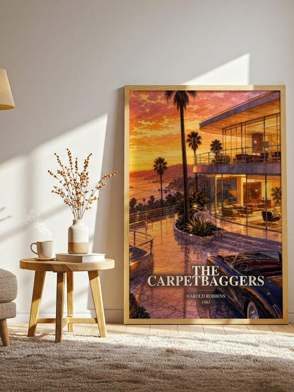 The Carpetbaggers watercolour print in frame leaning in hallway – literary fiction wall art