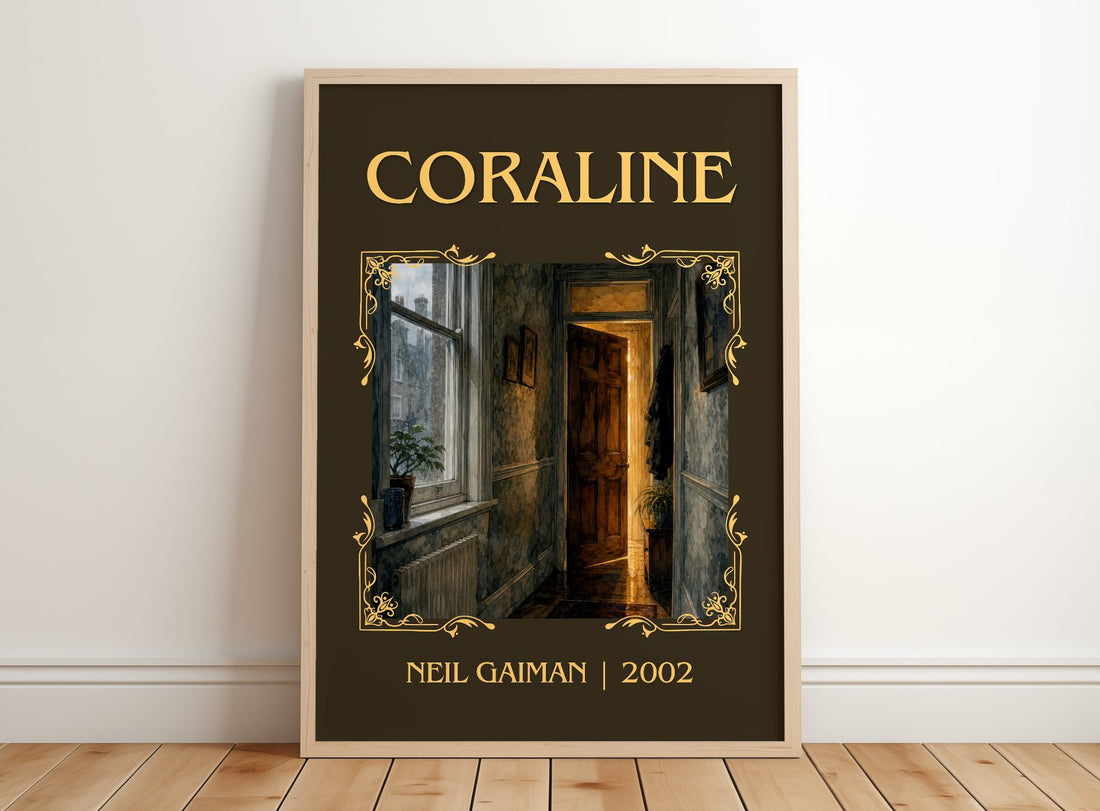 Coraline Classic Book Art Print by Neil Gaiman – framed print leaning on a wooden floor