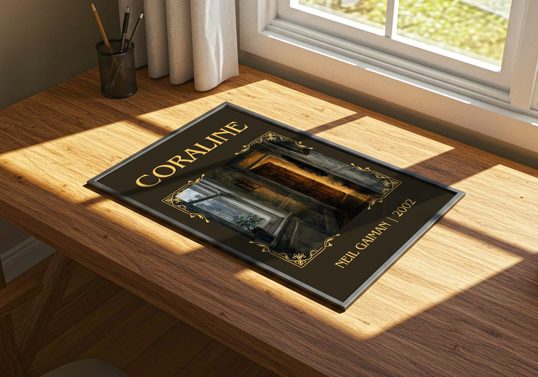 Coraline Classic Book Art Print by Neil Gaiman – print on a sunlit desk