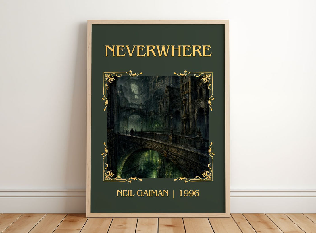Neverwhere Classic Book Art Print by Neil Gaiman – framed print leaning on a wooden floor
