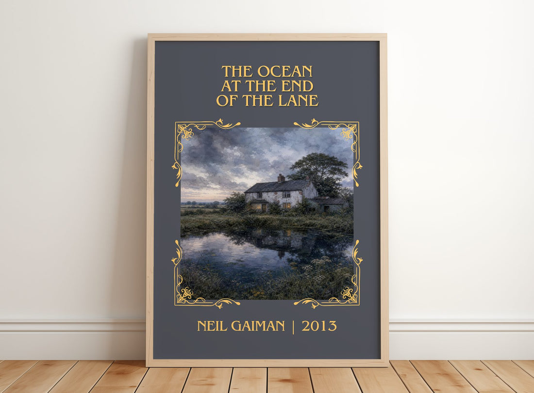 The Ocean At The End Of The Lane Classic Book Art Print by Neil Gaiman – framed print leaning on a wooden floor