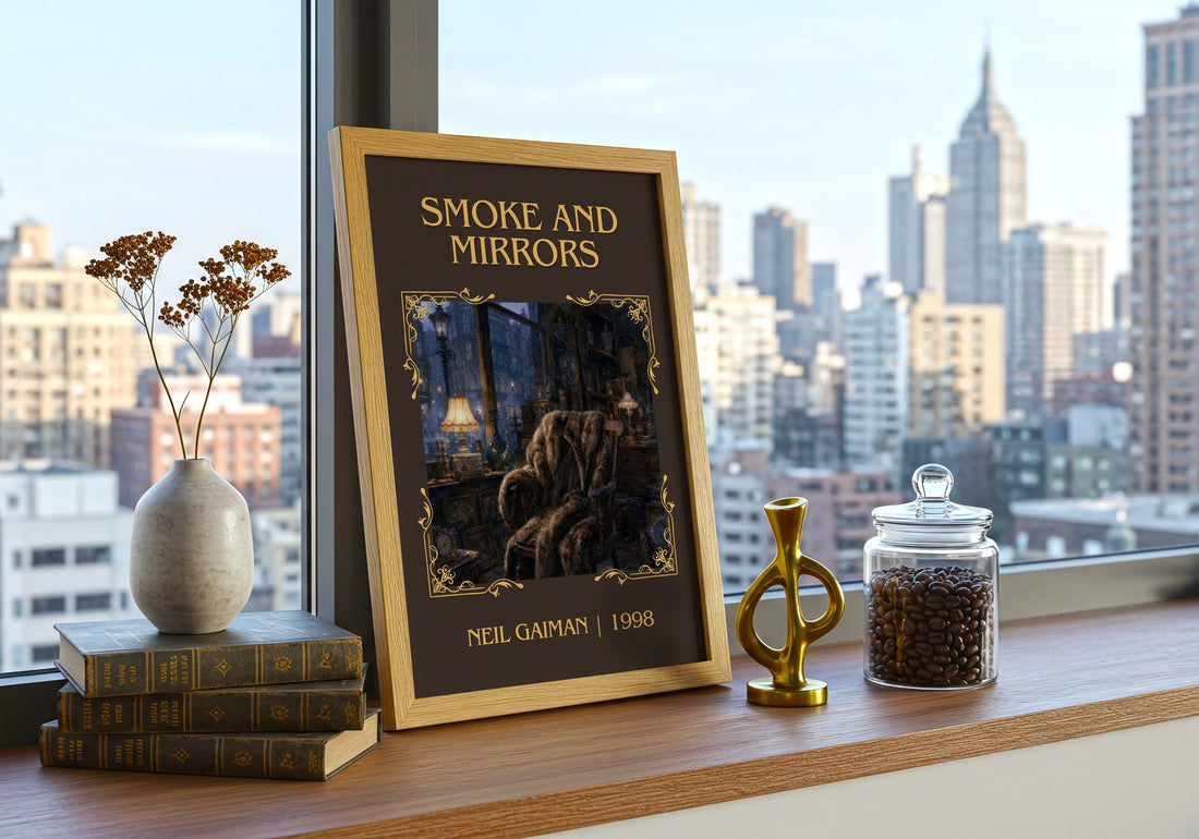 Smoke And Mirrors Classic Book Art Print by Neil Gaiman – framed print on a city-view windowsill