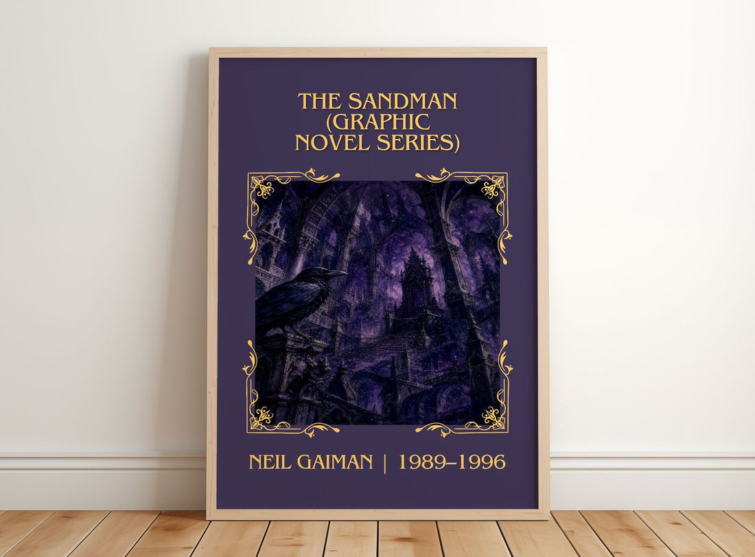 Sandman (Graphic Novel Series) Classic Book Art Print by Neil Gaiman – framed print leaning on a wooden floor