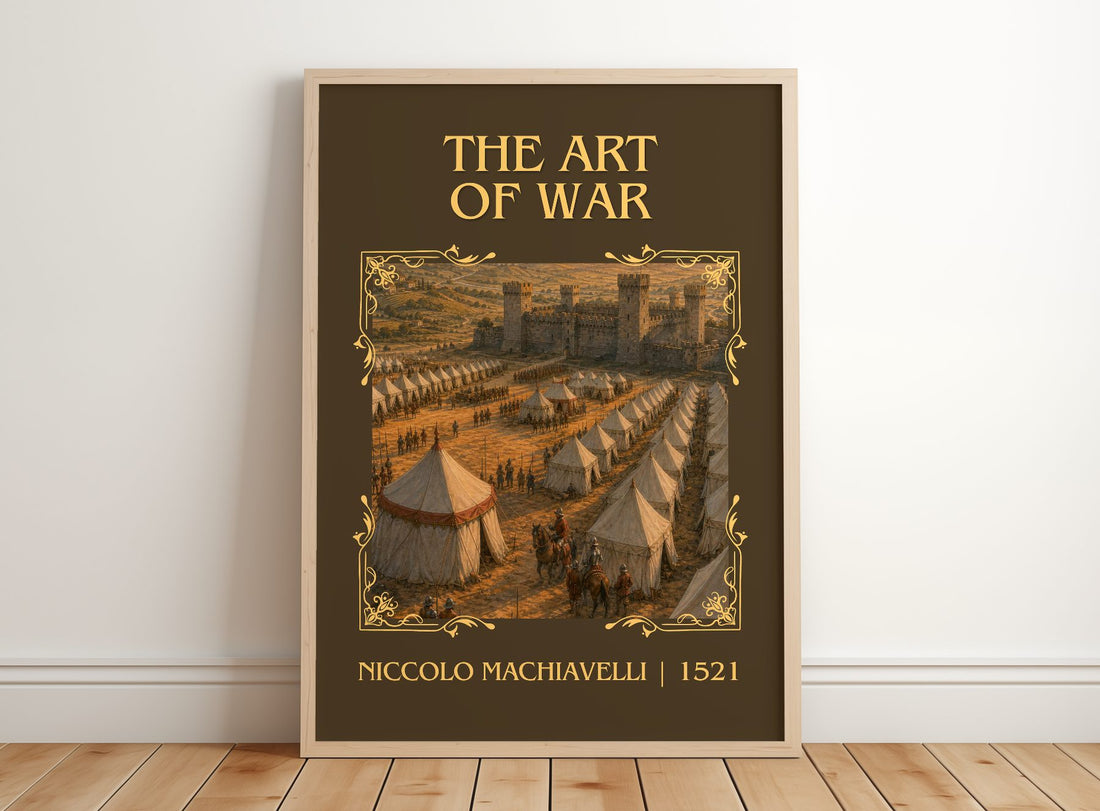 The Art Of War Classic Book Art Print by Niccolò Machiavelli – framed print leaning on a wooden floor