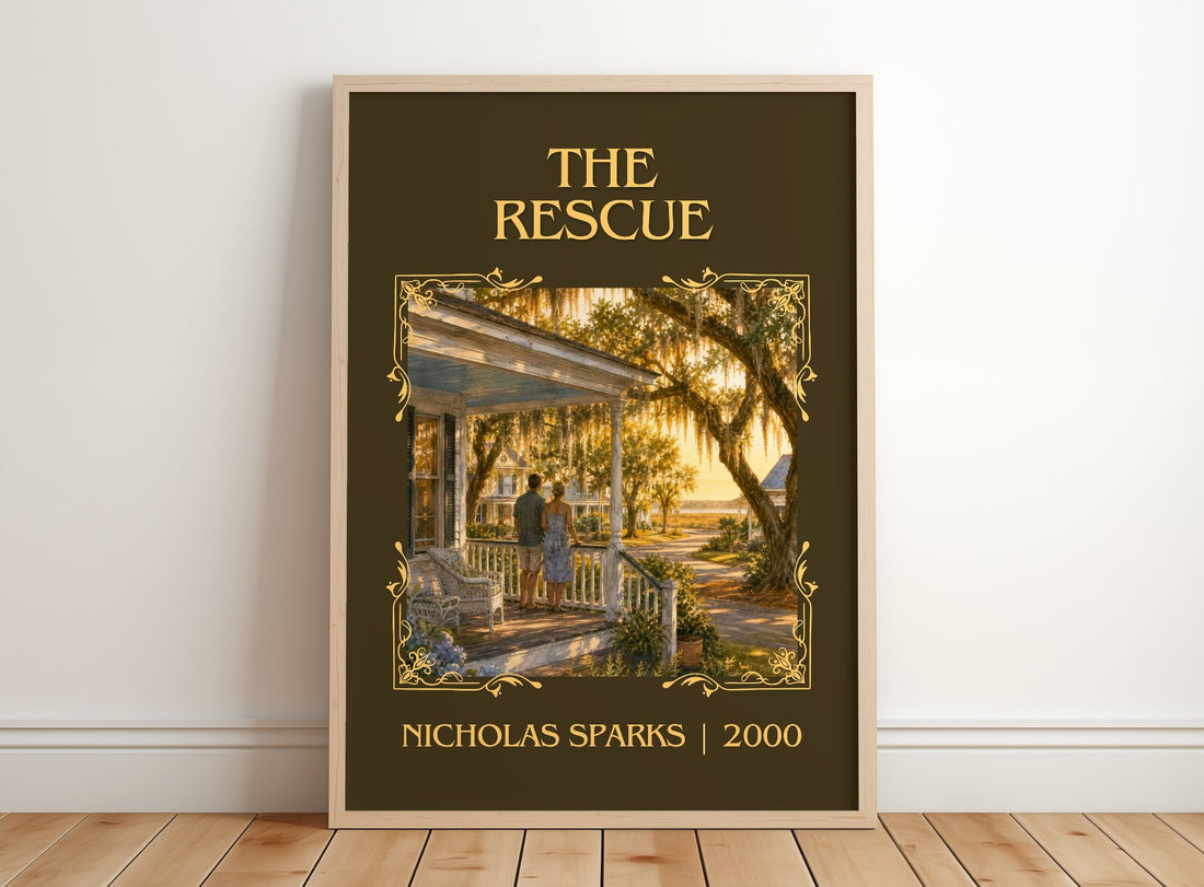 The Rescue Classic Book Art Print by Nicholas Sparks – framed print leaning on a wooden floor
