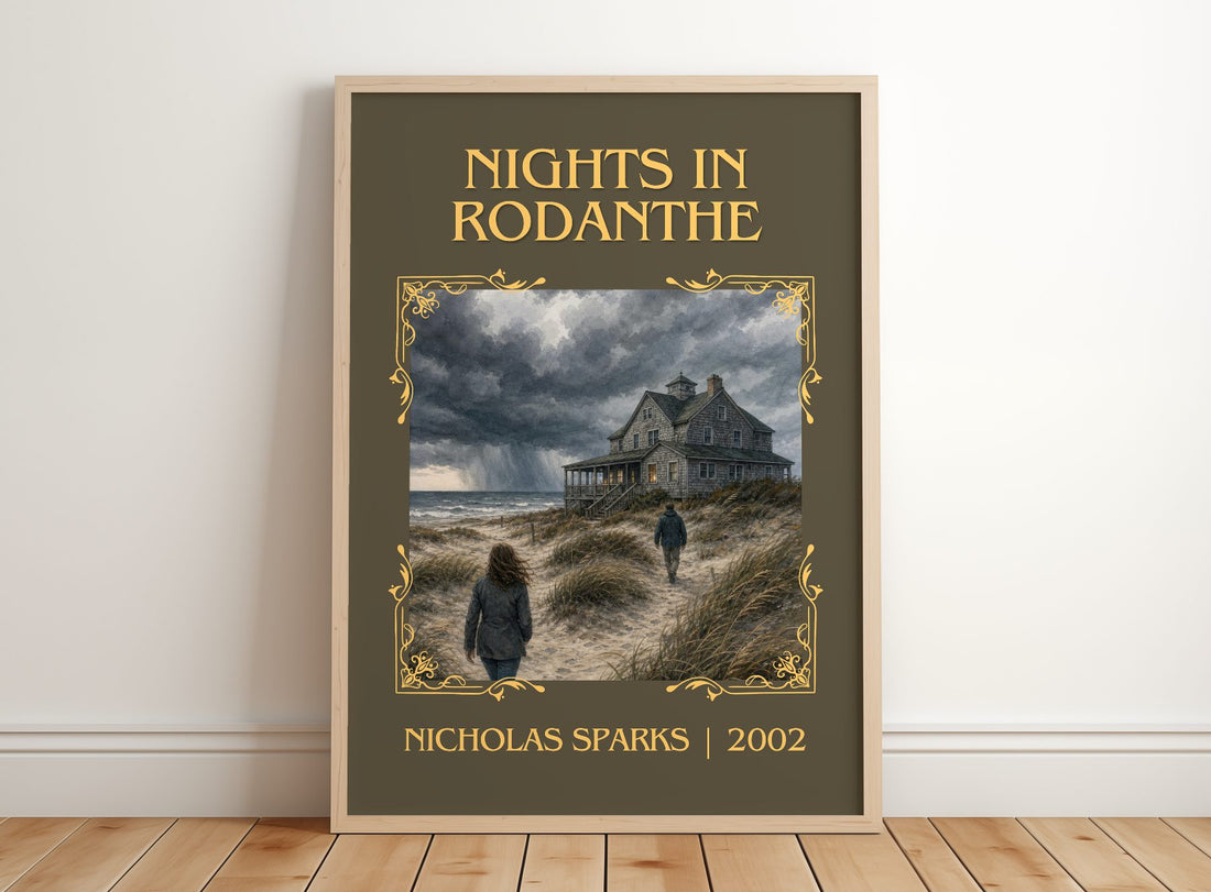 Nights In Rodanthe Classic Book Art Print by Nicholas Sparks – framed print leaning on a wooden floor