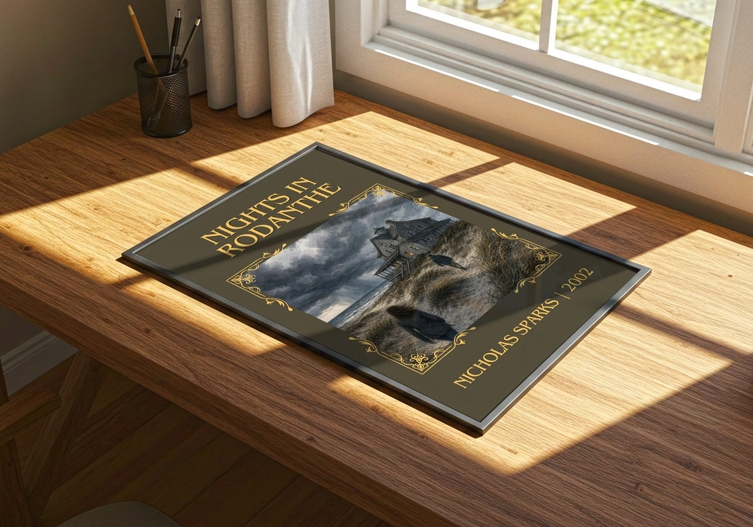 Nights In Rodanthe Classic Book Art Print by Nicholas Sparks – print on a sunlit desk