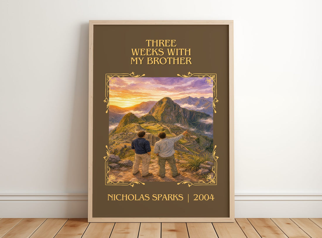 Three Weeks With My Brother Classic Book Art Print by Nicholas Sparks – framed print leaning on a wooden floor
