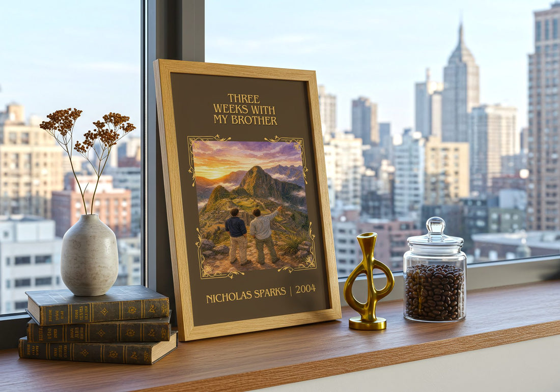 Three Weeks With My Brother Classic Book Art Print by Nicholas Sparks – framed print on a city-view windowsill