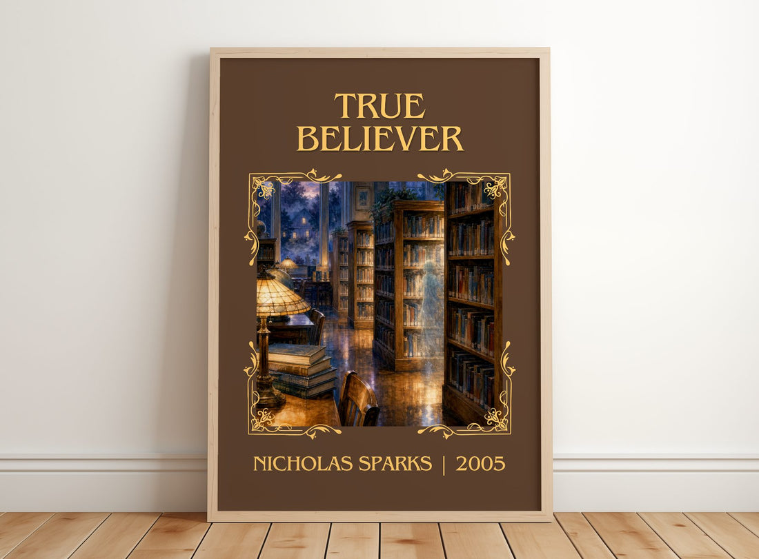 True Believer Classic Book Art Print by Nicholas Sparks – framed print leaning on a wooden floor