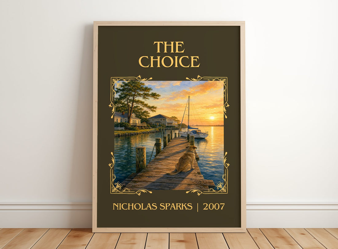 The Choice Classic Book Art Print by Nicholas Sparks – framed print leaning on a wooden floor