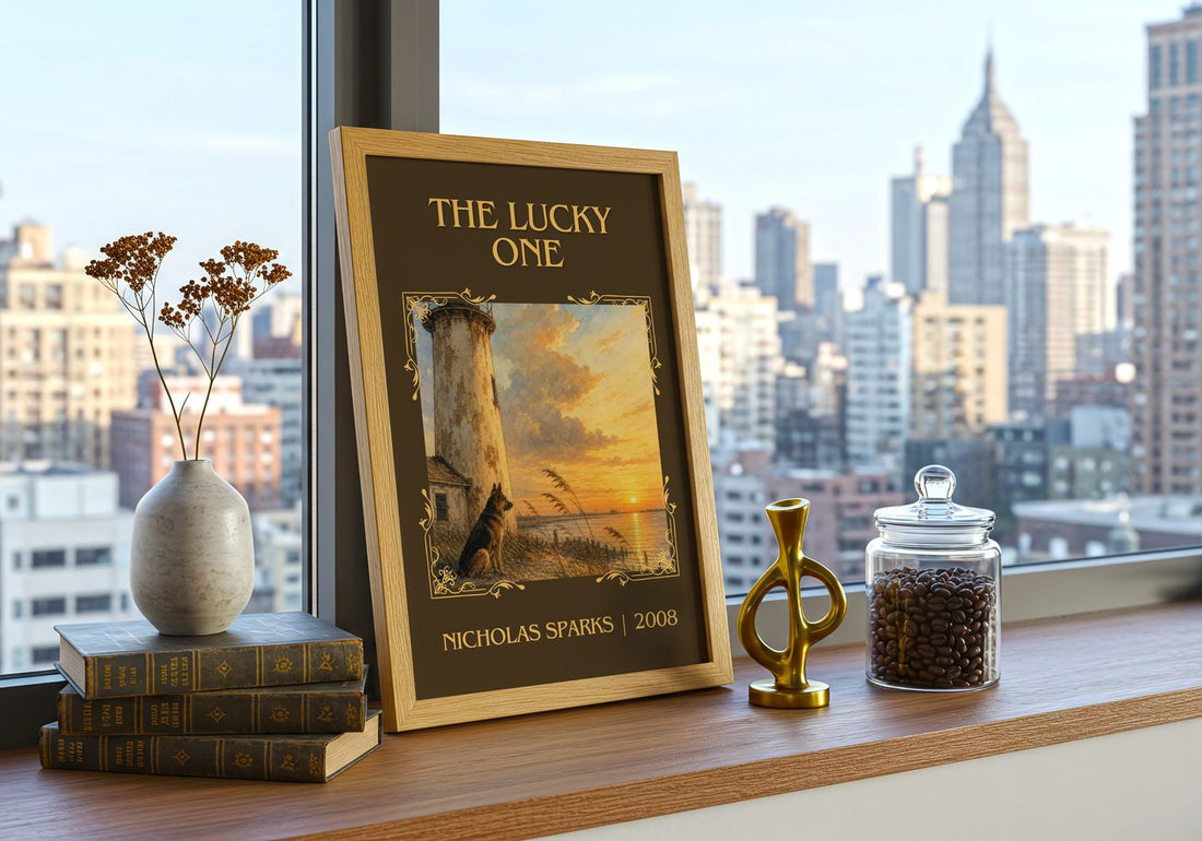 The Lucky One Classic Book Art Print by Nicholas Sparks – framed print on a city-view windowsill
