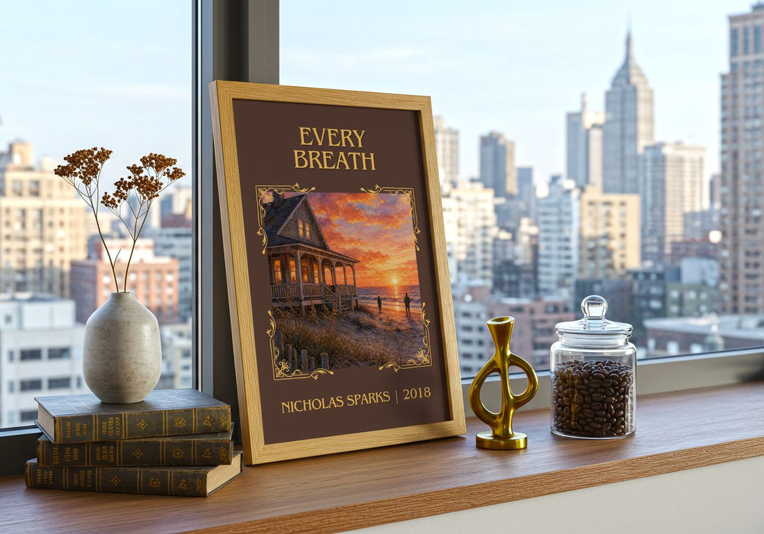 Every Breath Classic Book Art Print by Nicholas Sparks – framed print on a city-view windowsill