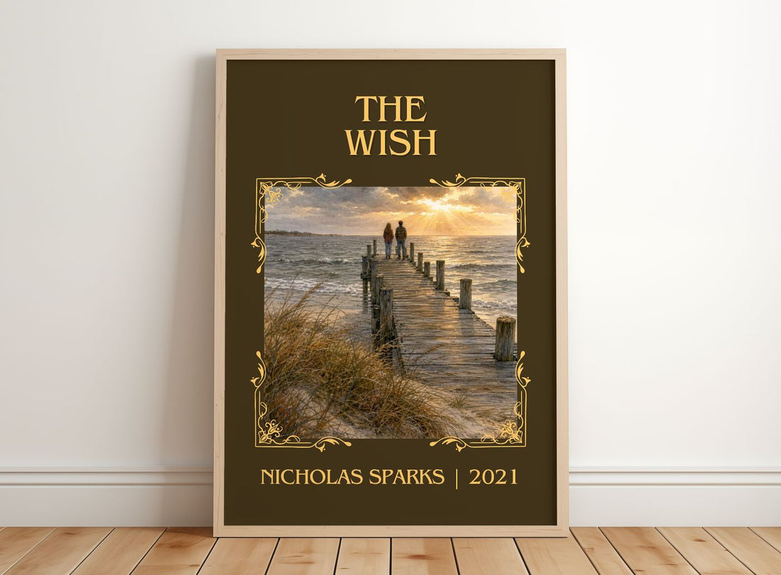 The Wish Classic Book Art Print by Nicholas Sparks – framed print leaning on a wooden floor