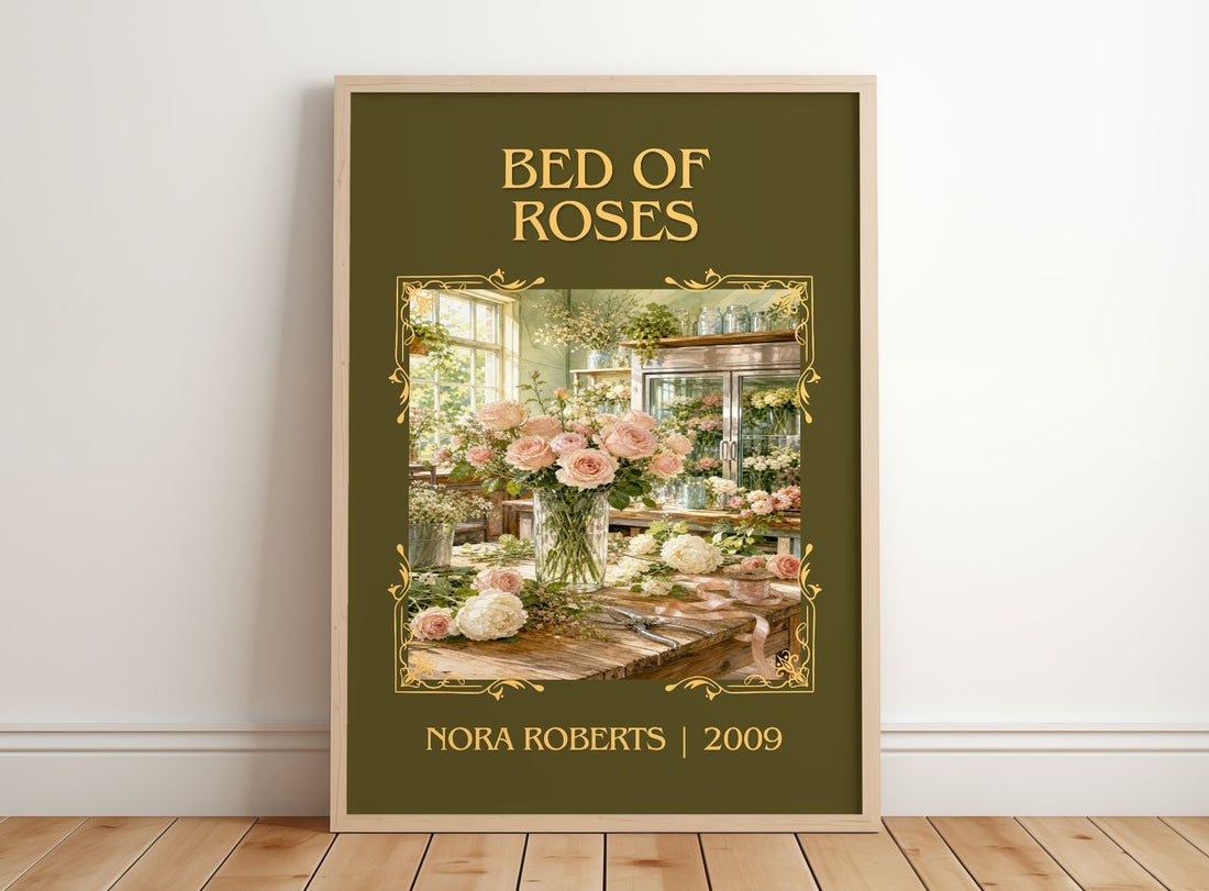 Bed Of Roses Classic Book Art Print by Nora Roberts – framed print leaning on a wooden floor