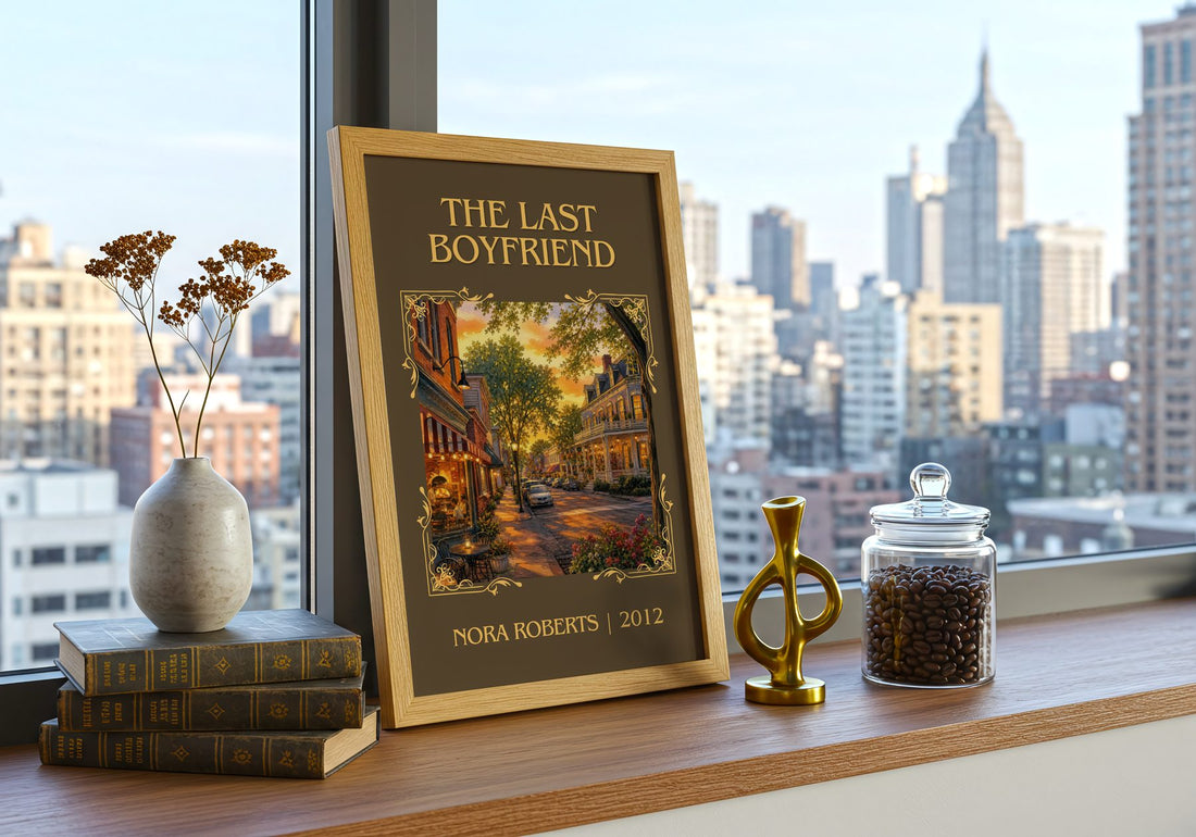 The Last Boyfriend Classic Book Art Print by Nora Roberts – framed print on a city-view windowsill