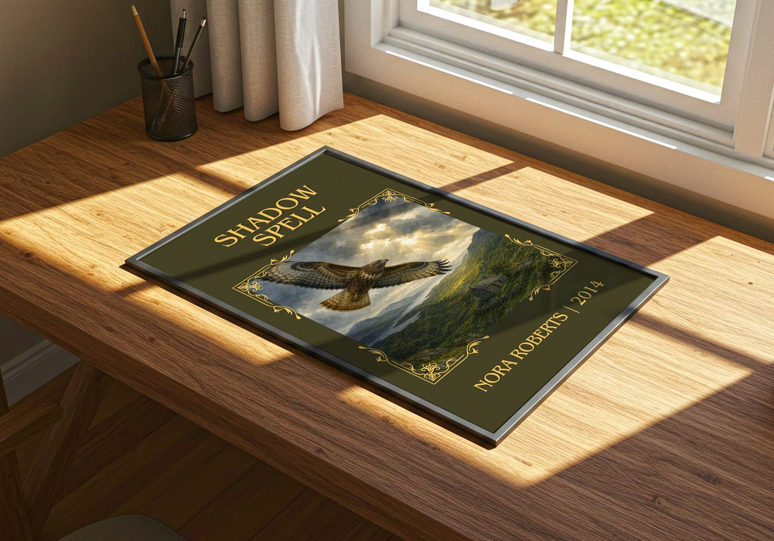 Shadow Spell Classic Book Art Print by Nora Roberts – print on a sunlit desk