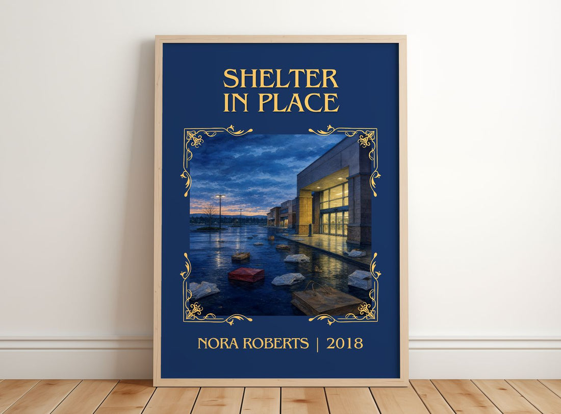 Shelter In Place Classic Book Art Print by Nora Roberts – framed print leaning on a wooden floor
