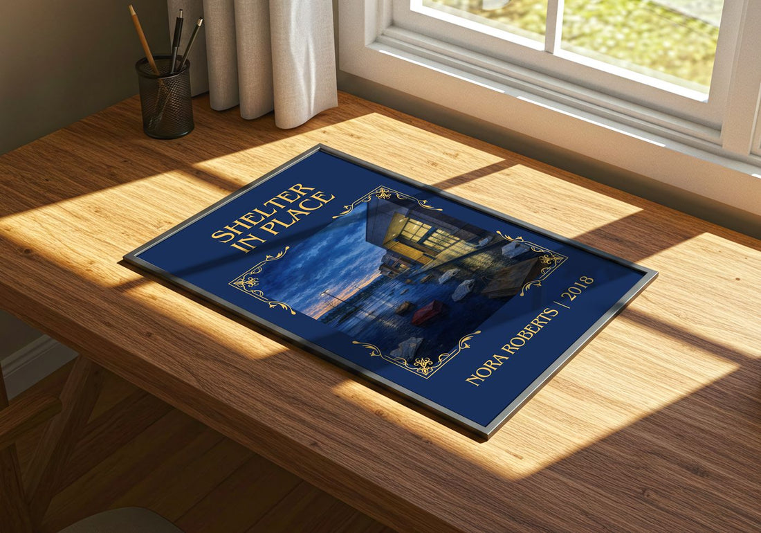 Shelter In Place Classic Book Art Print by Nora Roberts – print on a sunlit desk