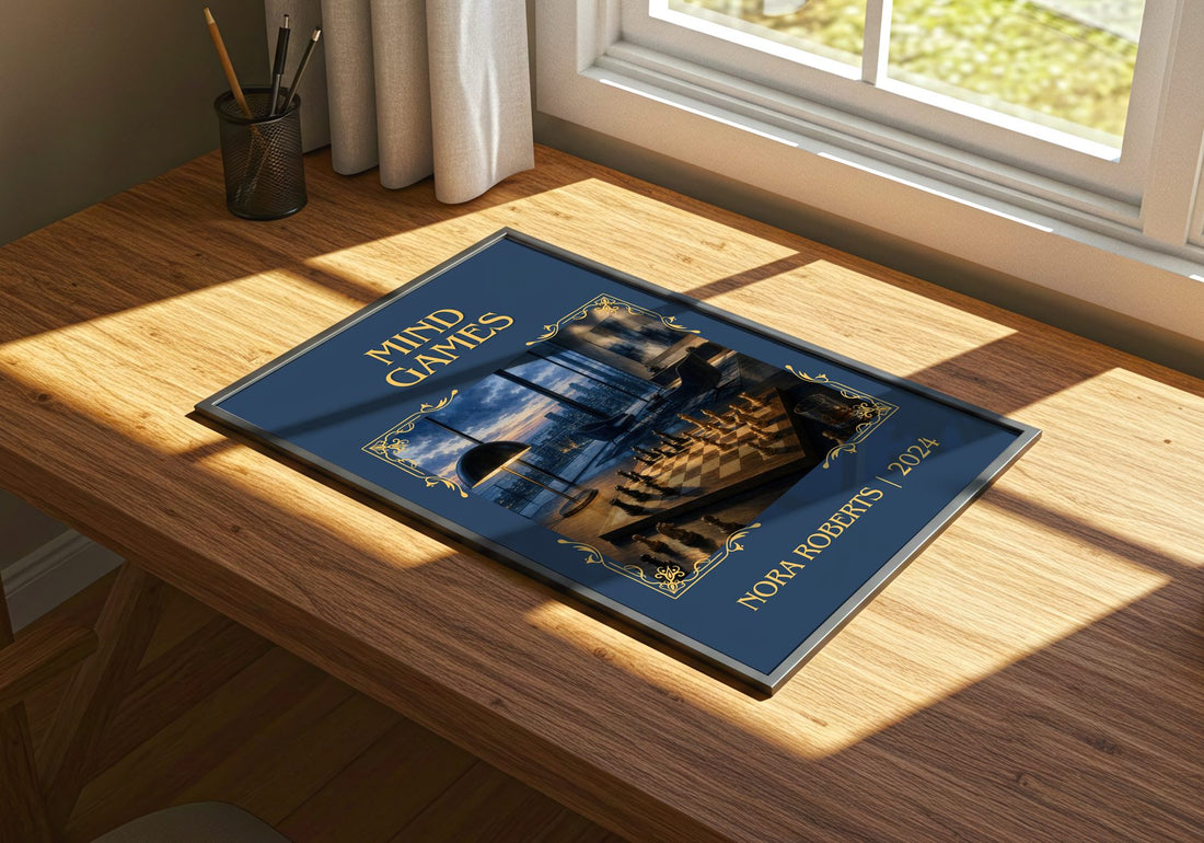 Mind Games Classic Book Art Print by Nora Roberts – print on a sunlit desk