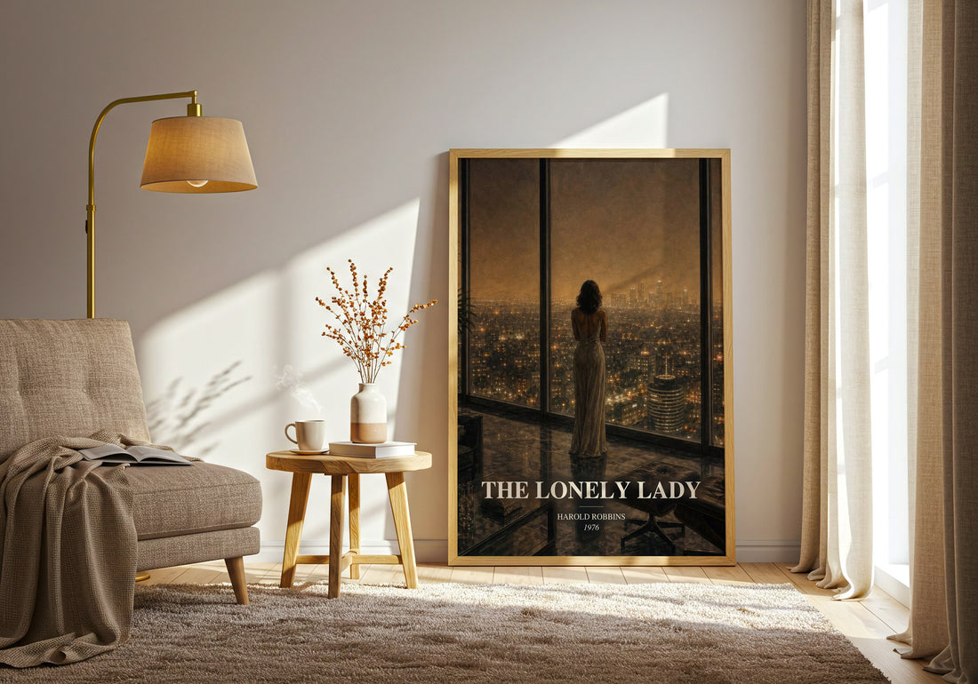 The Lonely Lady watercolour print in frame leaning in hallway – contemporary fiction wall art (mockup)