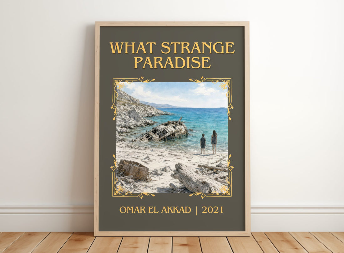 What Strange Paradise Classic Book Art Print by Omar El Akkad – framed print leaning on a wooden floor