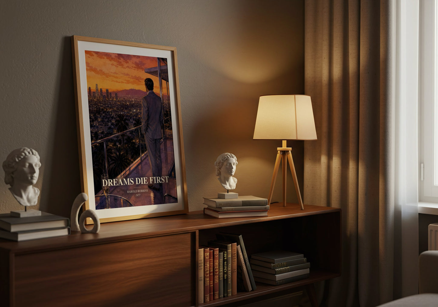 Dreams Die First watercolour print on bookshelf – Harold Robbins fan gift
