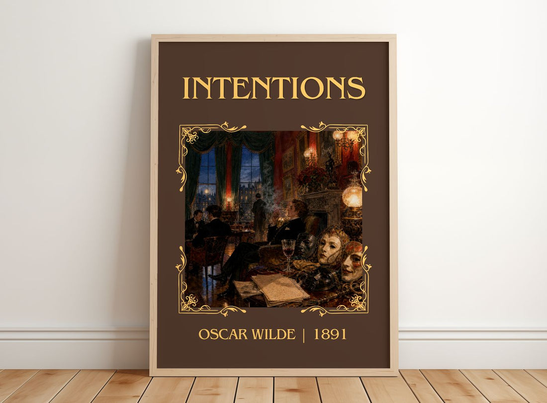 Intentions Classic Book Art Print by Oscar Wilde – framed print leaning on a wooden floor