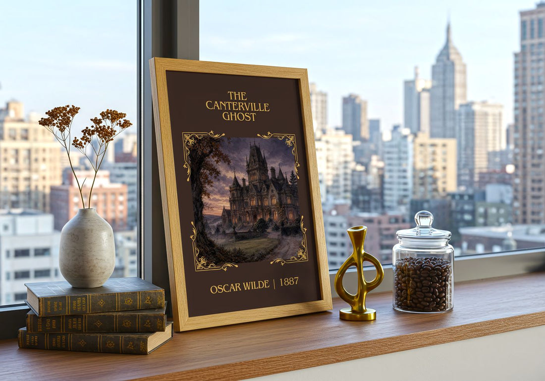 The Canterville Ghost Classic Book Art Print by Oscar Wilde – framed print on a city-view windowsill