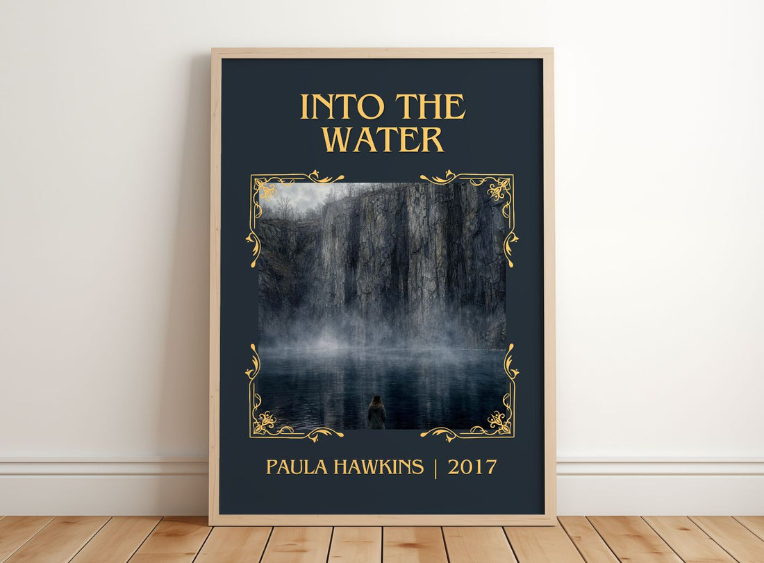Into The Water Classic Book Art Print by Paula Hawkins – framed print leaning on a wooden floor