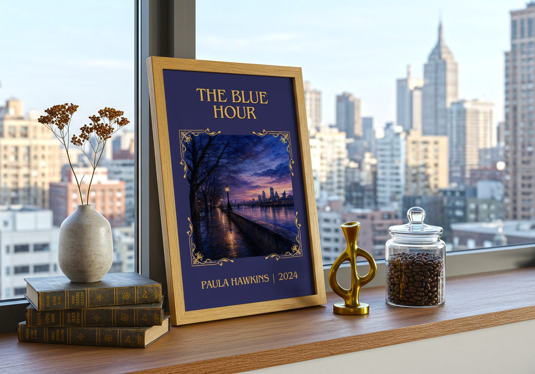 The Blue Hour Classic Book Art Print by Paula Hawkins – framed print on a city-view windowsill
