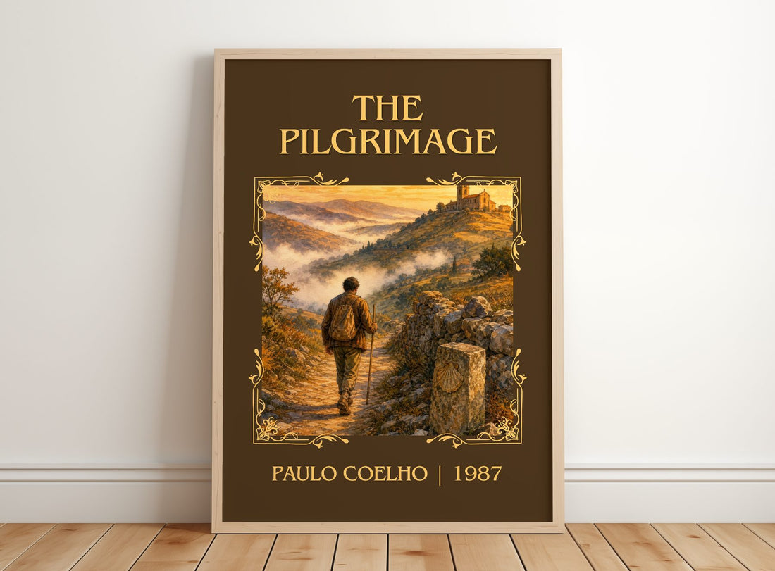 The Pilgrimage Classic Book Art Print by Paulo Coelho – framed print leaning on a wooden floor