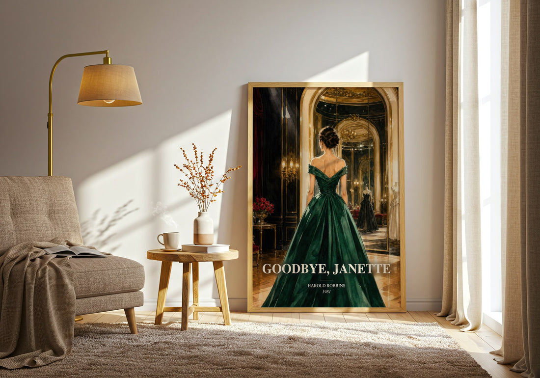 Goodbye, Janette watercolour print in frame leaning in hallway – contemporary fiction wall art (mockup)
