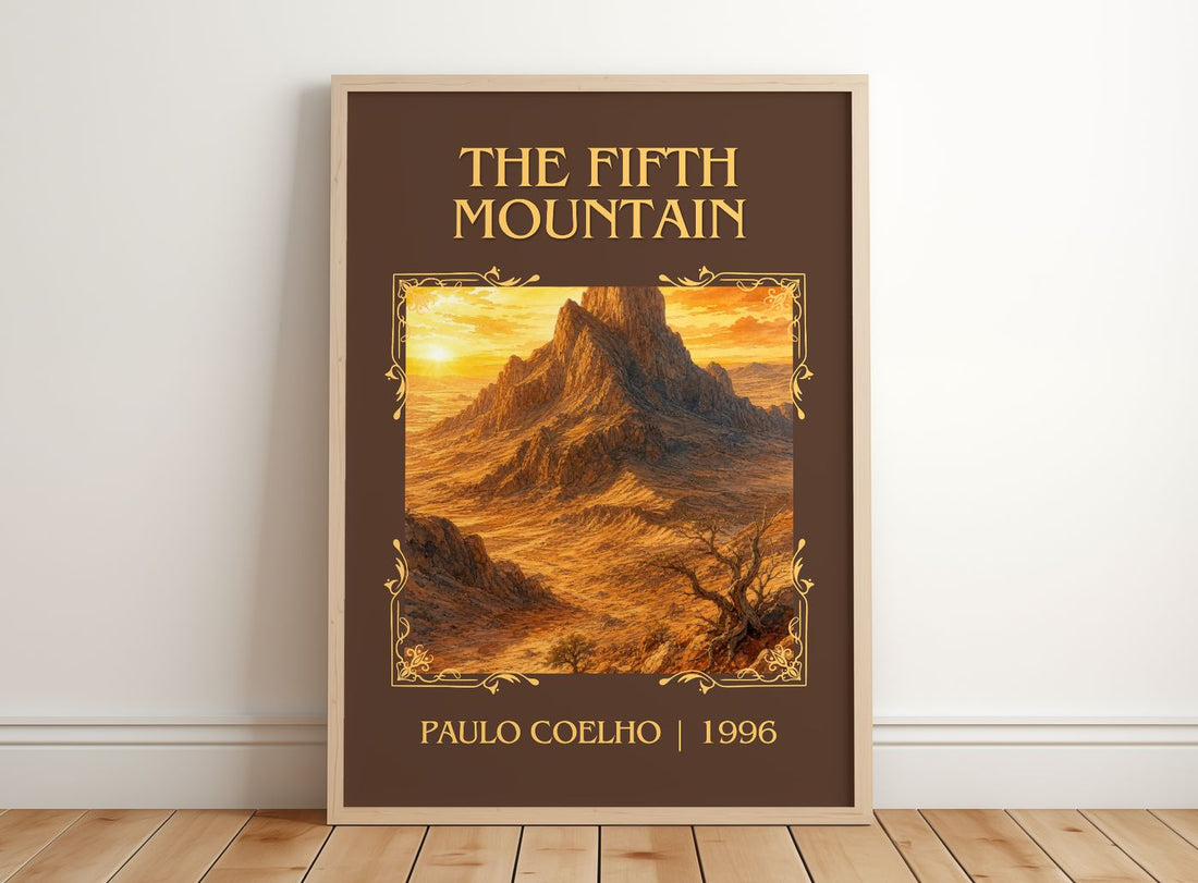 The Fifth Mountain Classic Book Art Print by Paulo Coelho – framed print leaning on a wooden floor