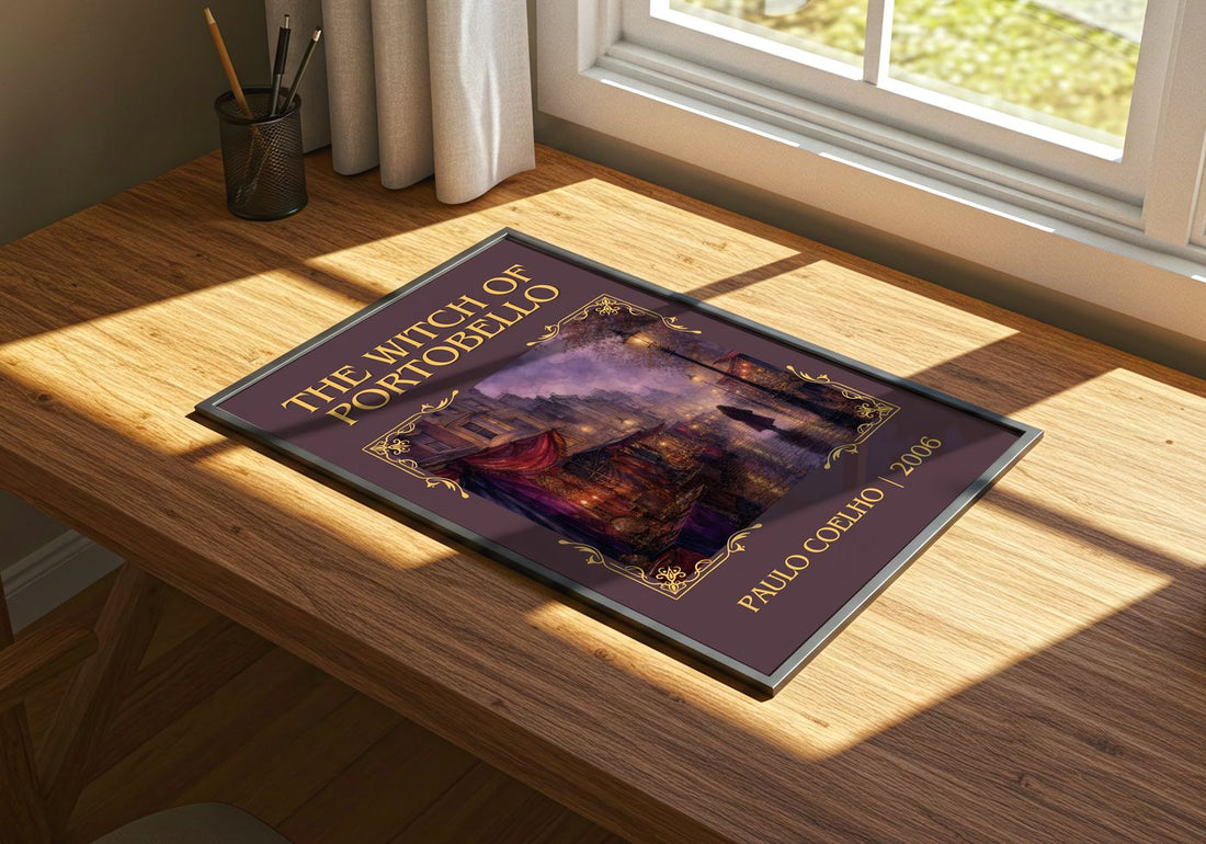The Witch Of Portobello Classic Book Art Print by Paulo Coelho – print on a sunlit desk
