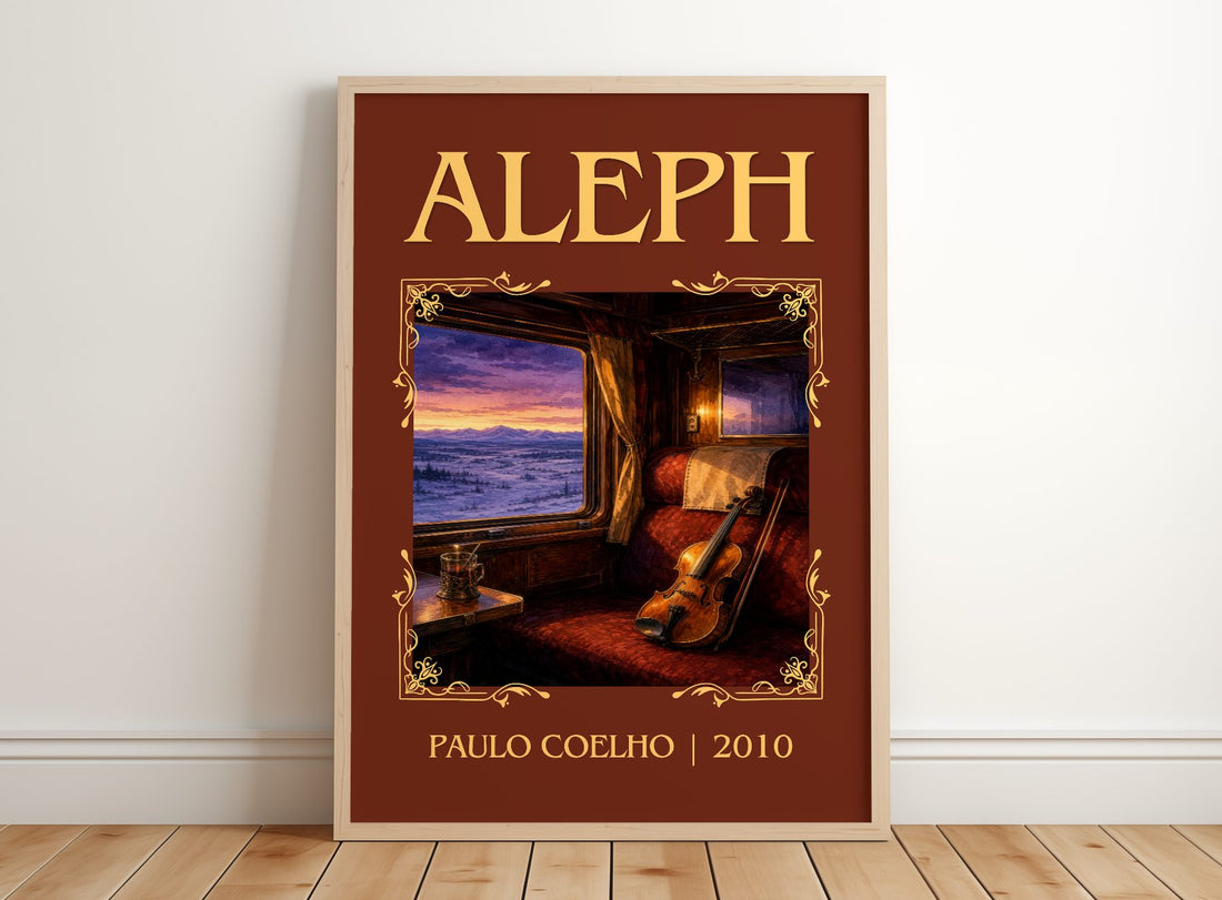 Aleph Classic Book Art Print by Paulo Coelho – framed print leaning on a wooden floor