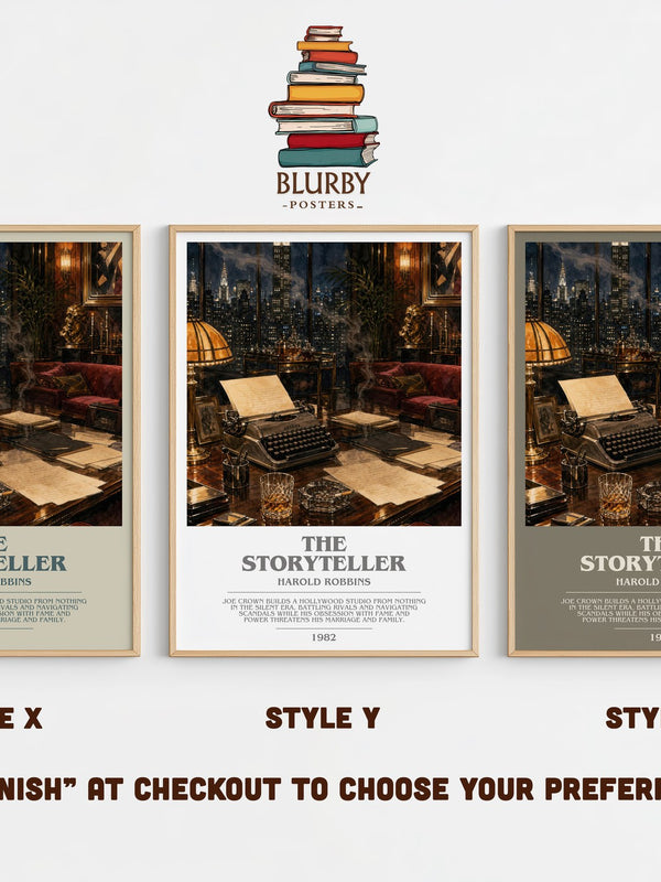 The Storyteller bookish print in frame leaning in hallway – contemporary fiction wall art